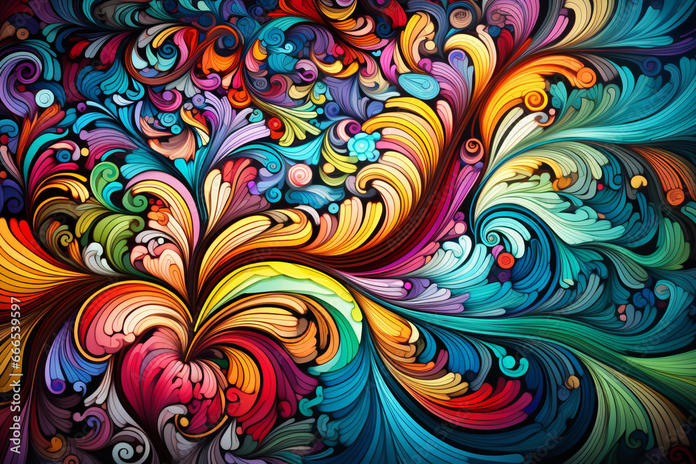 a psychedelic style, with swirling, kaleidoscopic colors.