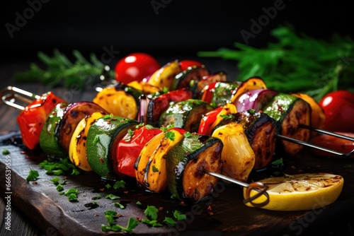Grilled vegetables - zucchini  eggplant  pepper and tomato on skewers  Grilled vegetable skewers with tomatoes  zucchini  bell peppers  onions and spices on dark wooden background  AI Generated