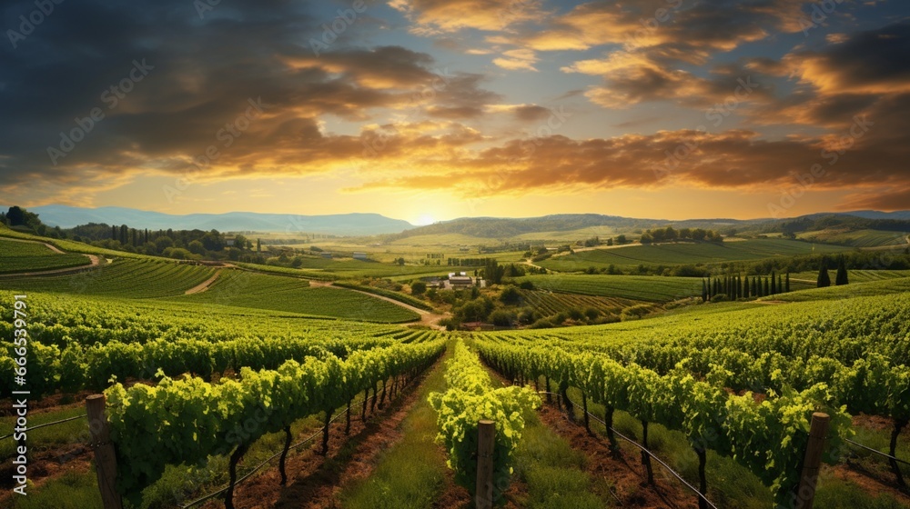 a lush, emerald-green vineyard, rows of grapevines extending to the horizon, bathed in the soft glow of the setting sun