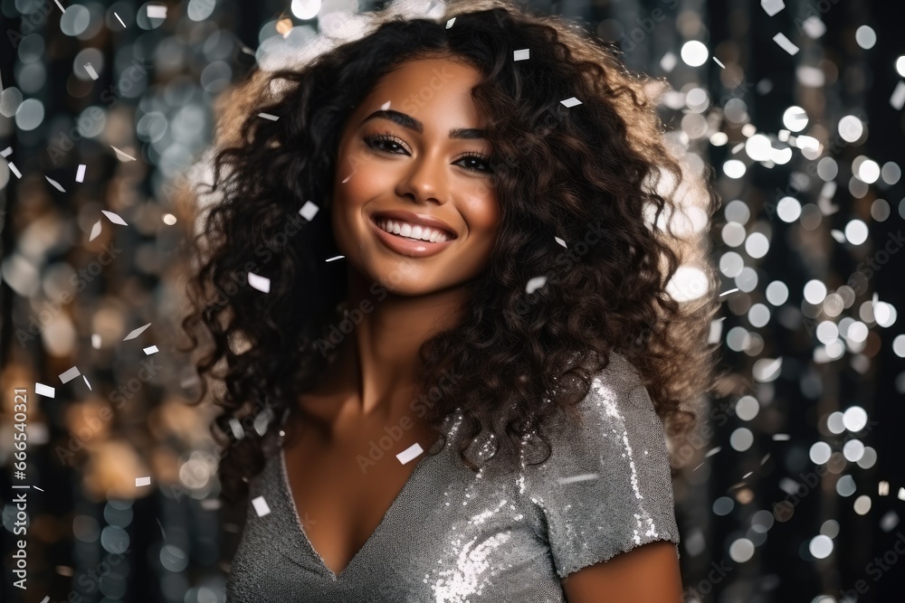 Beautiful happy african american woman wearing sparkly silver dress at celebration party, confetti blurred background. New Year celebration concept Beautiful happy african american woman wearing sparkly silver dress at celebration party, confetti blurred background. New Year celebration concept