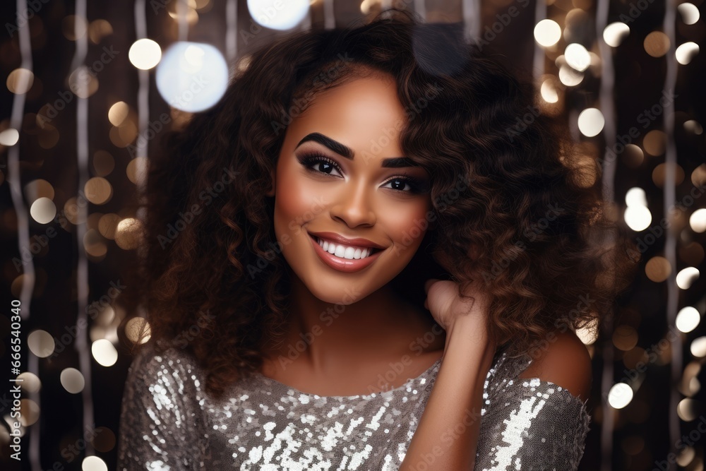 Beautiful happy african american woman wearing sparkly silver dress at celebration party, confetti blurred background. New Year celebration concept