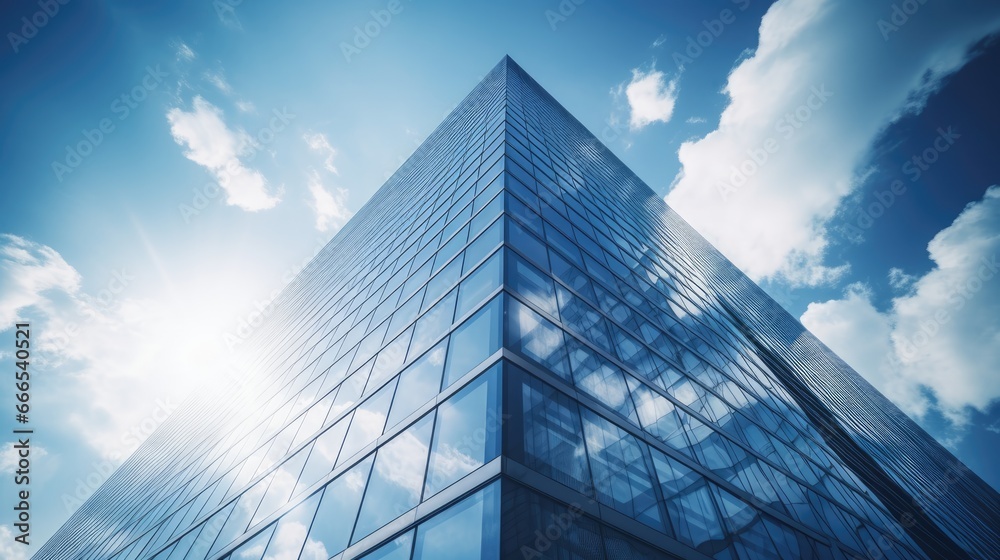 Modern office buildings skyscrapers taken from below with blue sky