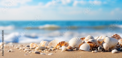 Seashells Scattered on a Sandy Beach, Echoing Tidal Tales, generative Ai