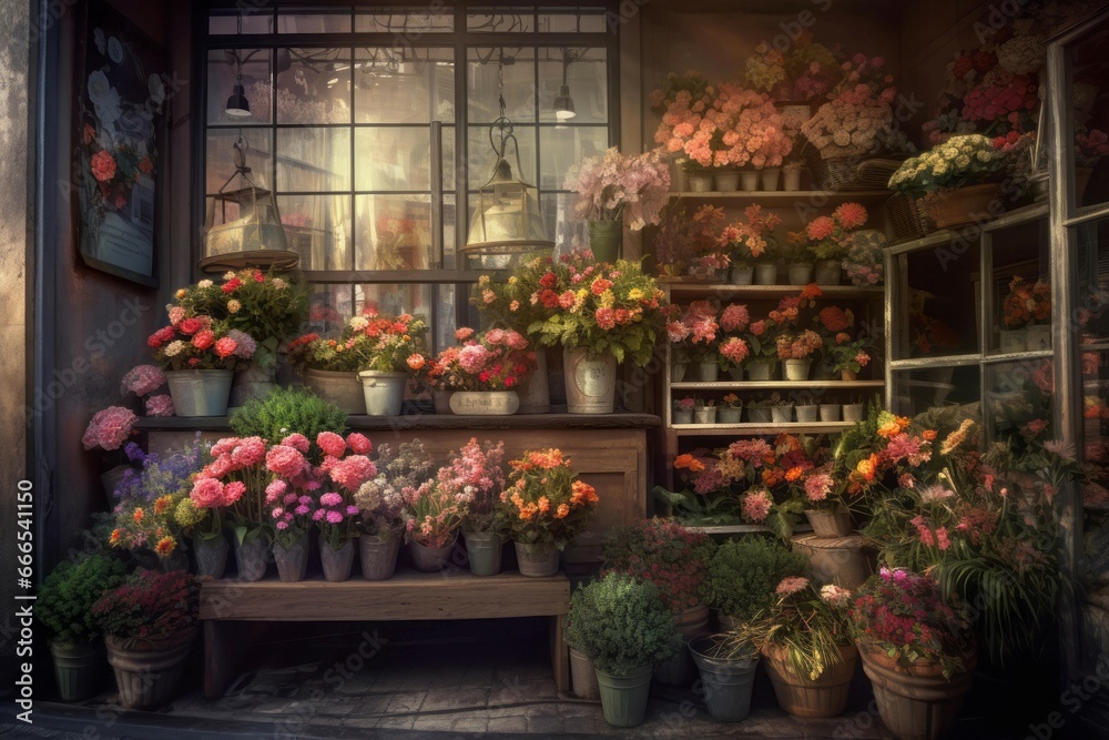 Flower shop stall inside room. Market garden color outdoor marketplace. Generate Ai