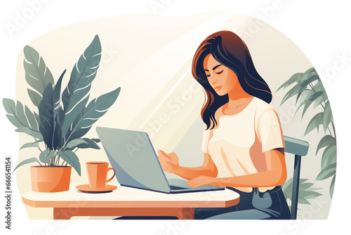 Flat illustration of a woman working from home. Businessman sitting at desk and using laptop. Concept of time or project management