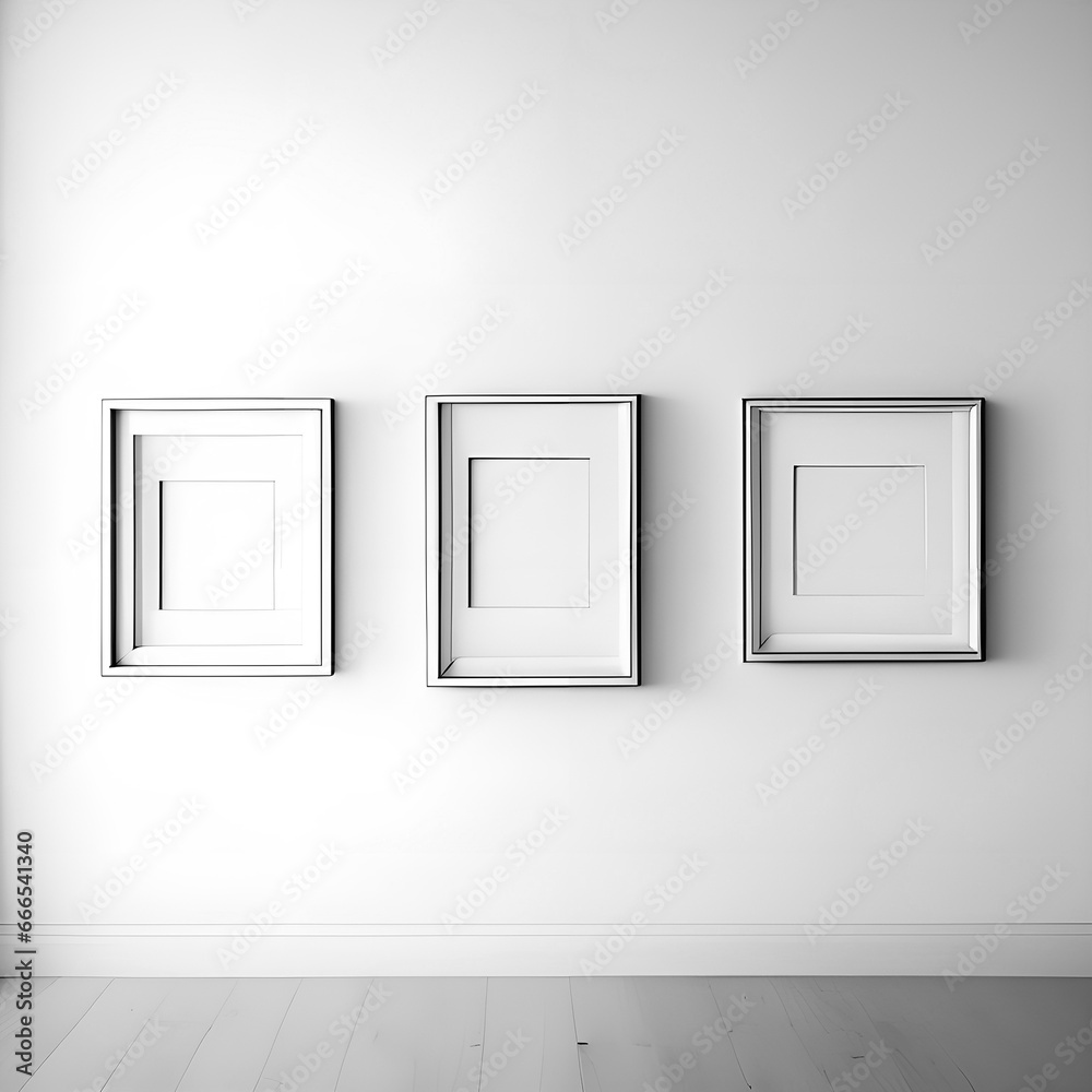 White room with three frames on the wall.