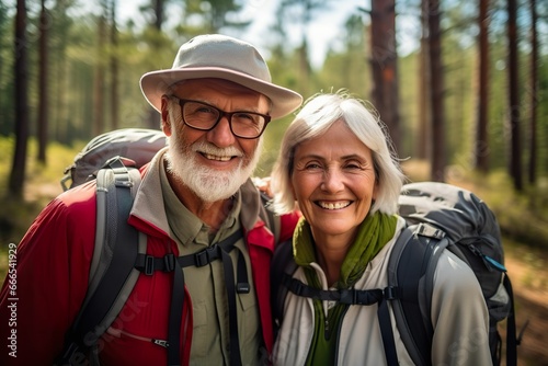 Elderly couple hiking in young pine forest with trekking poles and backpacks. Enjoy retirement, senior living, healthy seniors