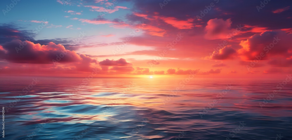 Sunset's Embrace Over a Calm Ocean, Painting Peaceful Horizons, generative Ai