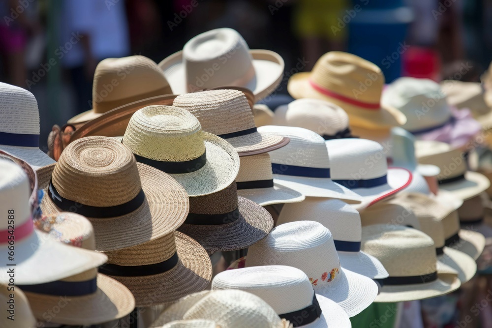 Hats summer market sale creation. Antique texture sun hat accessory. Generate Ai