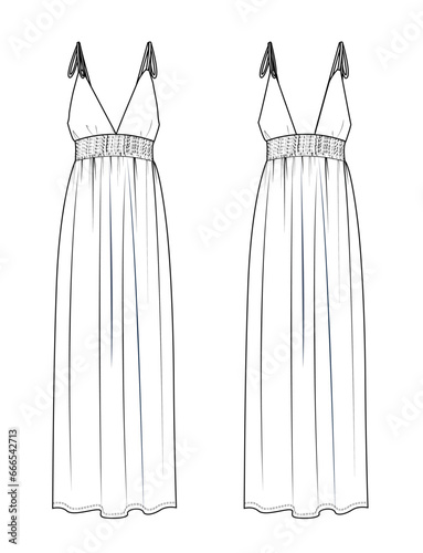 women tie strap, smocked maxi dress technical fashion vector,fashion flat,cad
