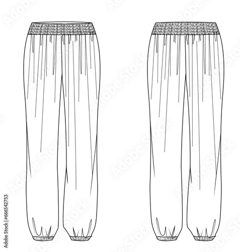 woman drawstring flowy long boho pants fashion technical drawing vector	
