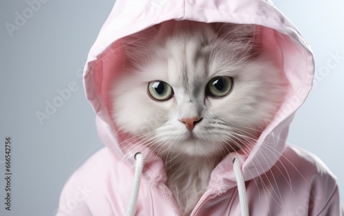 A cat wearing a pink jacket