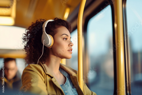 Young woman listening music over earbuds while commuting by city bus, Copy space © alisaaa