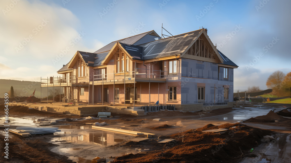 Construction of a residential new house is in progress at building site Construction of a residential new house is in progress at building site