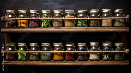 a rustic, wooden spice rack adorned with an assortment of aromatic herbs and spices, each jar reflecting its unique colors and textures