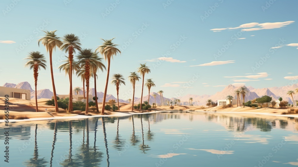 a secluded desert oasis, with palm trees and a pristine, azure pool reflecting the cloudless sky, a true mirage