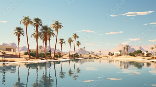 a secluded desert oasis, with palm trees and a pristine, azure pool reflecting the cloudless sky, a true mirage © Muhammad