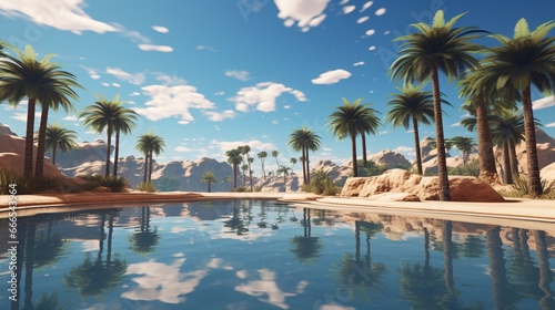 a secluded desert oasis  with palm trees and a pristine  azure pool reflecting the cloudless sky  a true mirage
