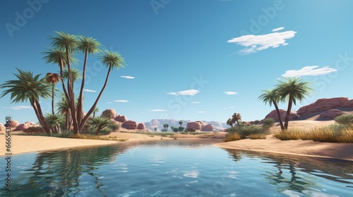 a secluded desert oasis  with palm trees and a pristine  azure pool reflecting the cloudless sky  a true mirage