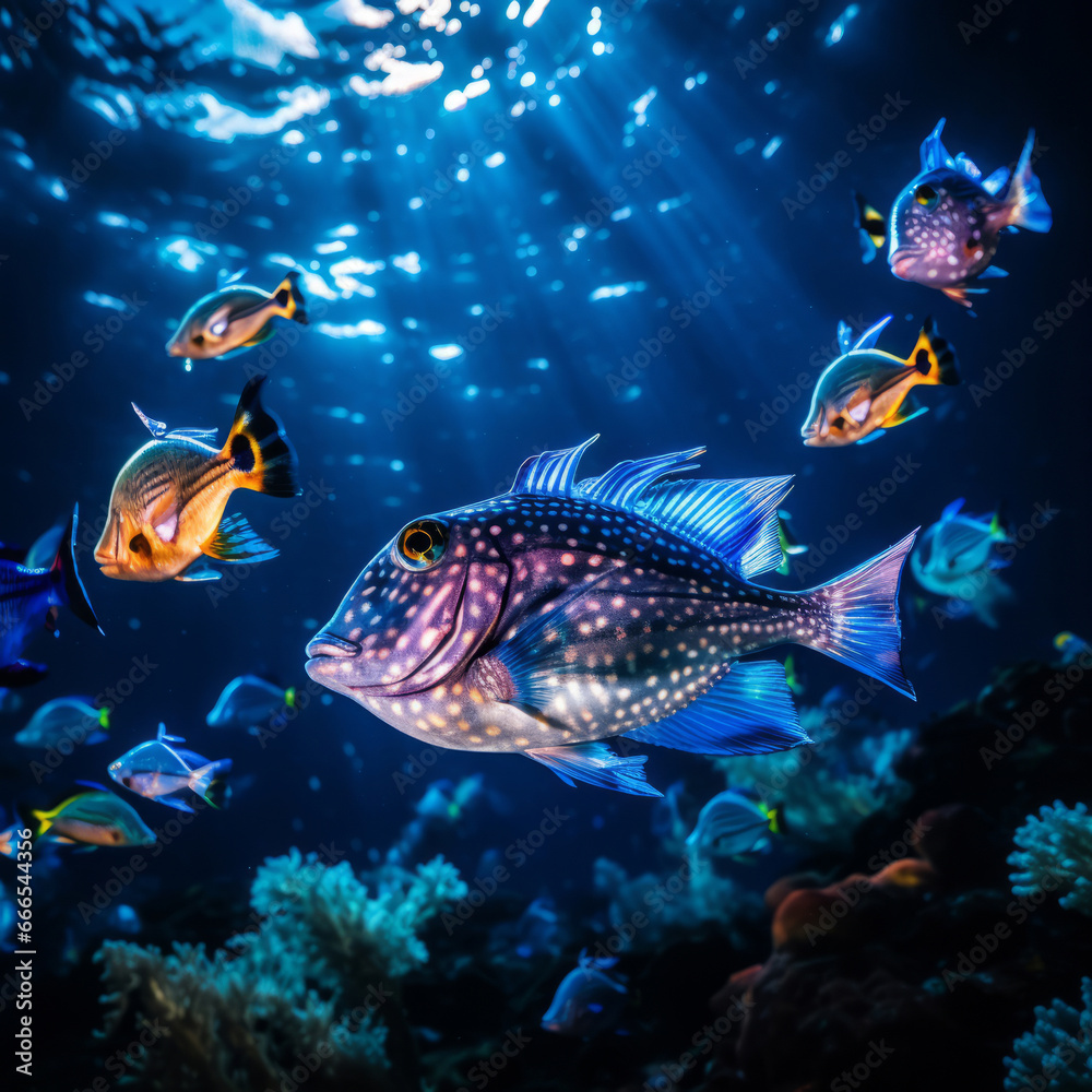 Underwater close-up of glowing fish. Animal sea life at night. Underwater close-up of glowing fish. Animal sea life at night.