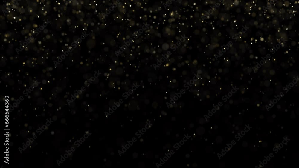4k Video. Gold Bokeh background. Xmas golden lights. 3d Render. Abstract art animation. Black background. Particles dust.