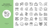 Chinese New Year Icon Set. Dragon, Temple, Firework, Mandarin, Incense Burner, Fortune Charm, Blessing Scroll, Chinese Drum Toy and Gong. Editable Vector Festival Signs Collection.	
