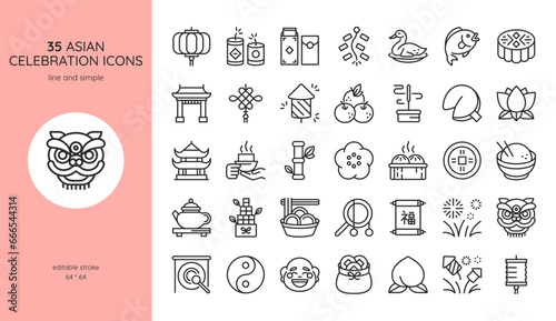 Asian Celebration Icon Set. Lantern, Dragon Dance, Asian Food, Tea Ceremony, Mooncake, Fireworks, and More. Editable Vector Traditional and Cultural Symbols Collection.
