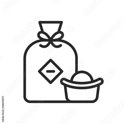 Chinese Gold Ingot Icon. Vector Linear Illustration of Traditional Yuanbao Symbolizing Wealth and Prosperity. Cultural Talisman for Lunar New Year and Feng Shui Practices.