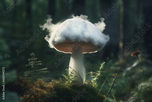 Fantasy mushroom with cloudy cap in dark magic forest. White misty fungus in green wild vegetation. Generate ai