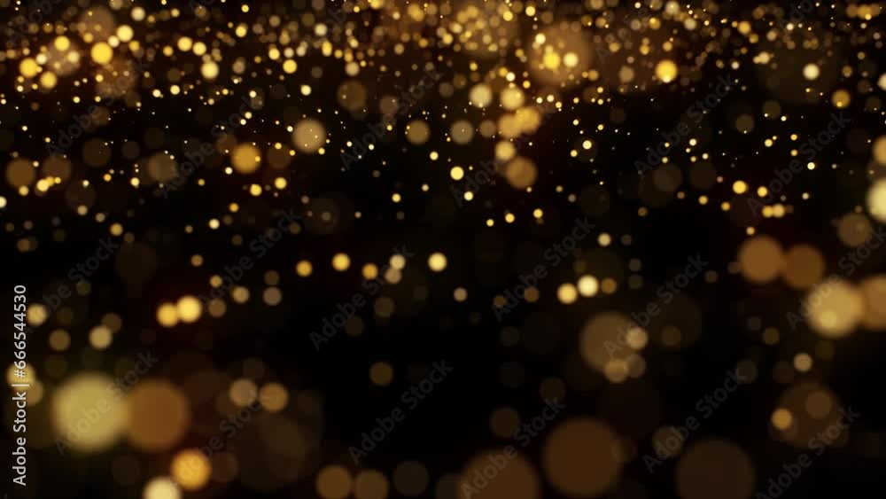 4k Video. Gold Bokeh background. Xmas golden lights. 3d Render. Abstract art animation. Black background. Particles dust.