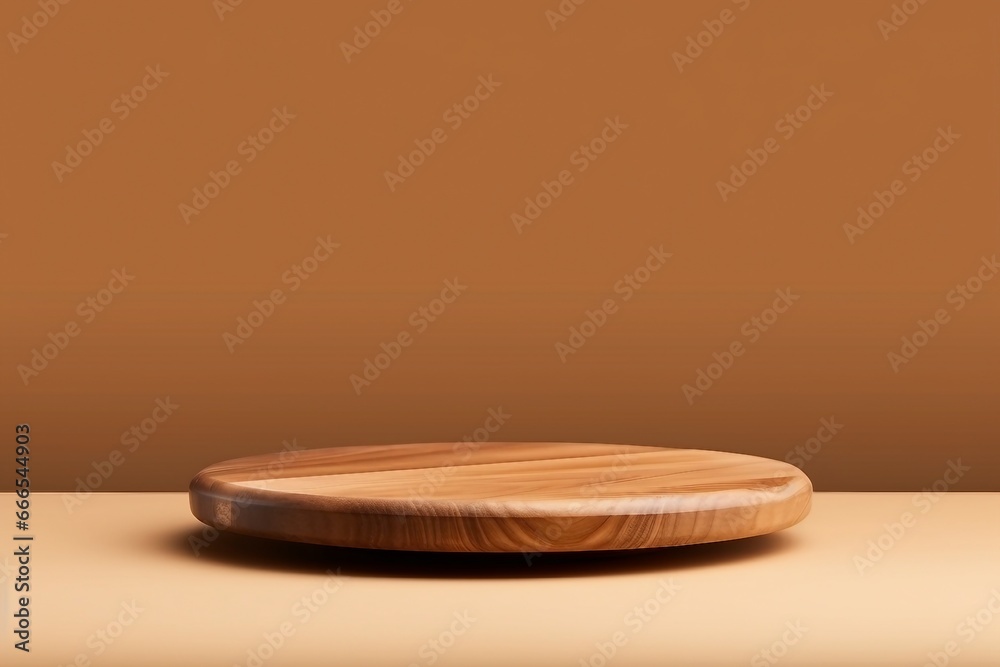 mockup of empty round wooden podium for food, products or cosmetics against bright brown background. generative ai.