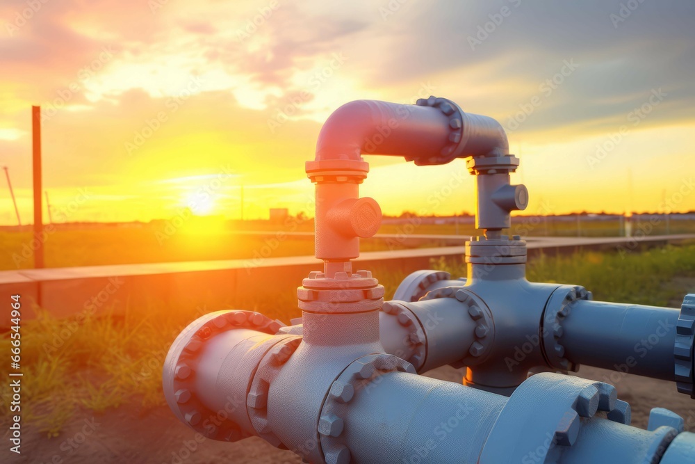 Oil or gas transportation pipe at sunset. Metal pipeline factory refinery. Generate Ai Oil or gas transportation pipe at sunset. Metal pipeline factory refinery. Generate Ai