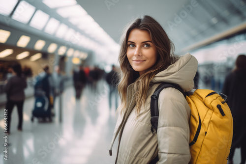 jeune femme dans un aérogare avec valise et sac de voyage qui va embarquer pour prendre un avion photo