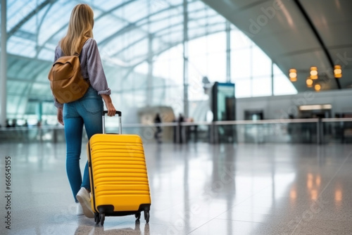 jeune femme dans un aérogare avec valise et sac de voyage qui va embarquer pour prendre un avion © Sébastien Jouve