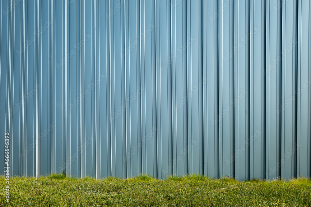 Standing seam galvanized sheet metal wall. Greenery in the foreground