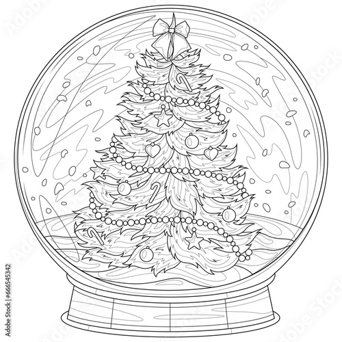 Christmas globe with a Christmas tree.Coloring book antistress for children and adults.
