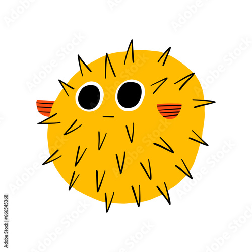 Blowfish cute vector illustration. Flat hand drawn doodle fish mascot. Happy fugu character for underwater cartoon graphic design. photo