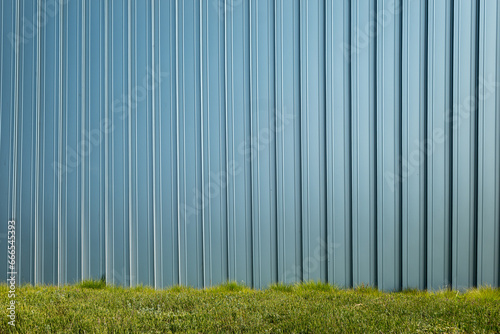 Standing seam galvanized sheet metal wall. Greenery in the foreground