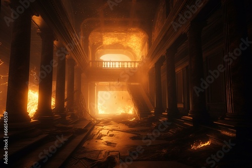 Inferno rages through halls and chambers, consumed by fire and billowing smoke. Generative AI