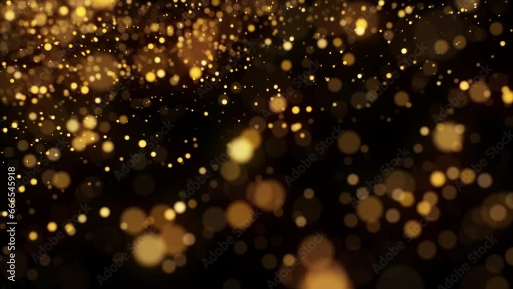 4k Video. Gold Bokeh background. Xmas golden lights. 3d Render. Abstract art animation. Black background. Particles dust.