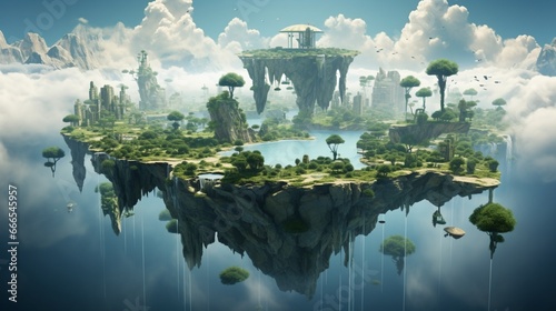 A surreal landscape of floating islands, powered by advanced anti-gravitational technology