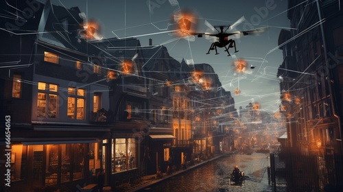 A swarm of autonomous drones mapping out intricate 3D reconstructions of urban environments