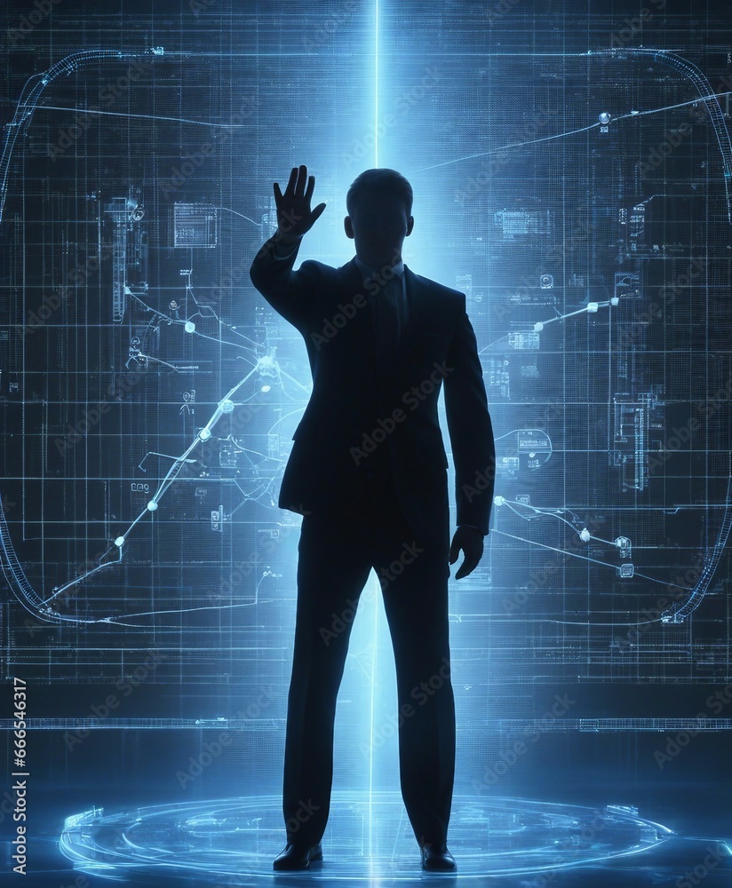 Silhouette of a human in suit raising his hands in front of a digital diagram. Silhouette of a human in suit raising his hands in front of a digital diagram.