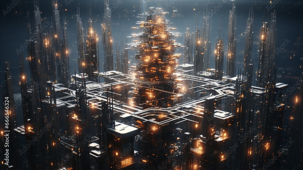 A swarm of self-organizing microbots constructing a towering, futuristic skyscraper