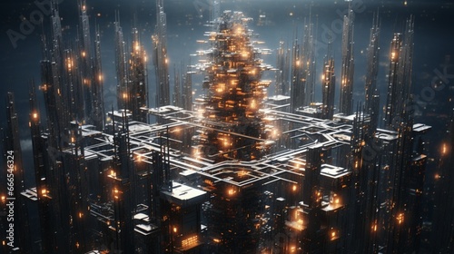 A swarm of self-organizing microbots constructing a towering  futuristic skyscraper