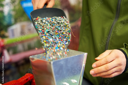 Plastic granulate in a plastic waste recycling plant photo