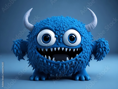 Cute blue furry monster on a blue background. Generative Ai.