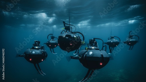 A swarm of underwater autonomous drones, mapping the uncharted depths of the ocean photo