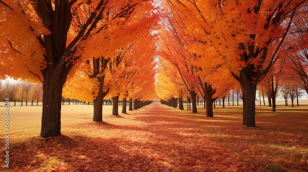 A symphony of autumn leaves, a riot of golds, reds, and oranges, carpeting the ground beneath a stately row of maple trees