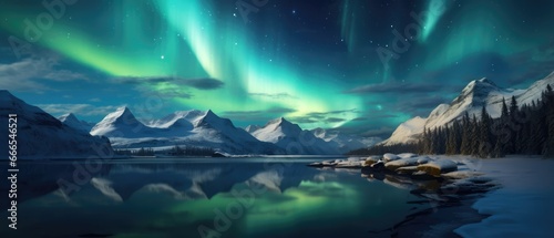 Mesmerizing Magical aurora Borealis over a lake with snowcapped mountains and trees